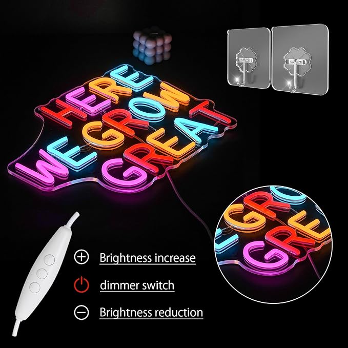 Here We Grow Great Neon Sign for Wall Decor Classroom Neon Light Plant LED Sign Colorful Letter Neon Light Sign for Classroom Bar Home shop Decoration