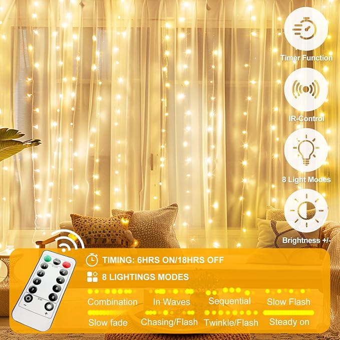 2 Pack Fairy Curtain Lights Upgraded Tangle-Free Warm White USB Plug in 8 Modes String Hanging Lights with Remote for Christmas, Bedroom, Indoor, Outdoor, Weddings, Party (10 FTx10 FT)