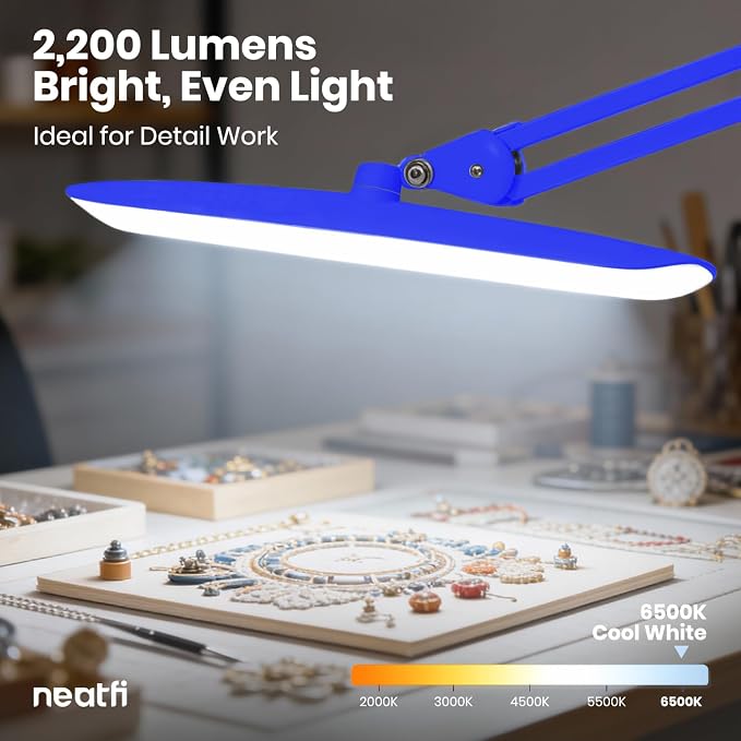 Neatfi XL 2200 Lumens 24W LED Desk Lamp – Shadow-Free Task Lighting | 4-Level Dimming | Home Office & Crafts Use | 20-Inch Wide Head (Sapphire Blue, Non-CCT with Clamp)