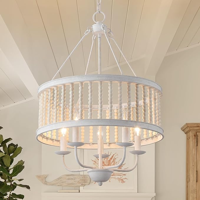 Drum Pendant Chandelier, Boho Wood Beaded Distressed Farmhouse Chandeliers for Entryway Dining Room, Vintage Handmade Chandelier Retro Antique White Lighting fixtures Hanging 5-Light W19.7