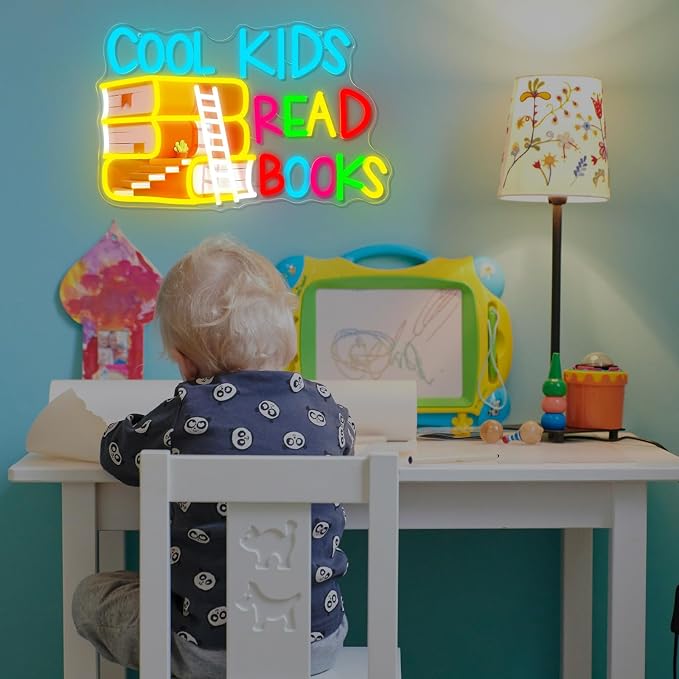 Cool Kids Read Books Neon Sign Printed Read Books Neon Light for Wall Decor | USB Dimmable Cool Kids LED Neon Signs for Classroom Reading Room Bookstore Library Bedroom Study Room Bookish Decoration