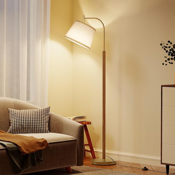SUNMORY Wood Floor Lamp for Living Room, Mid Century Modern Arc Floor Lamps | 3 Color Temperatures, 9W/800lm LED Bulb, Adjustable Linen Shade, Gold Standing Tall Reading Light for Bedroom Corner Office