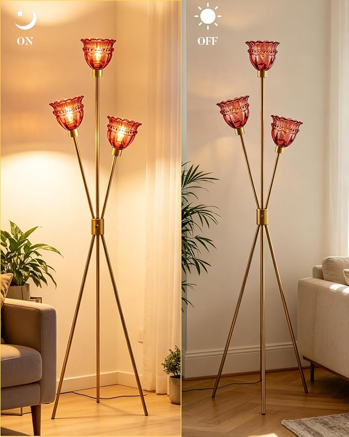 Lightdot 3-Lights Glass Tripod Floor Lamp Gold Dimmable Floor Lamps with 3000K Warm White Bulbs for Wedding Party 62IN Tall Standing Lamp with Deep Red Glass Shade for Living Room/Bedroom/Home Decor