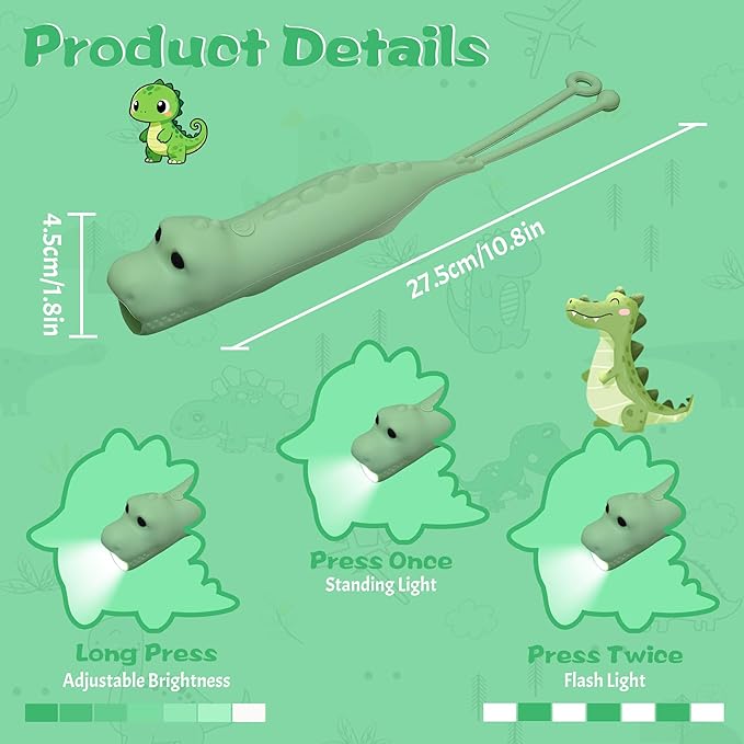 Silicone Dinosaur Flashlight, Rechargeable Hanging Night Light for Camping, Night Walks and Home Use, Animal Themed Themed Portable Torch