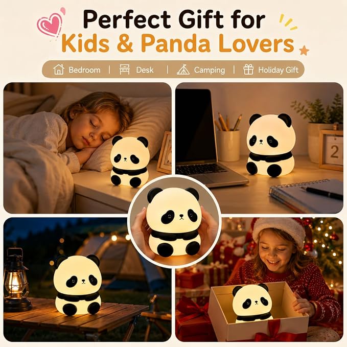 Cute Panda Night Light for Kids, 7-Color Changing Silicone Squishy Lamp, Tap Control USB Rechargeable Portable Night Light for Baby Nursery, Bedroom Desk Decor, Birthday Christmas Gift