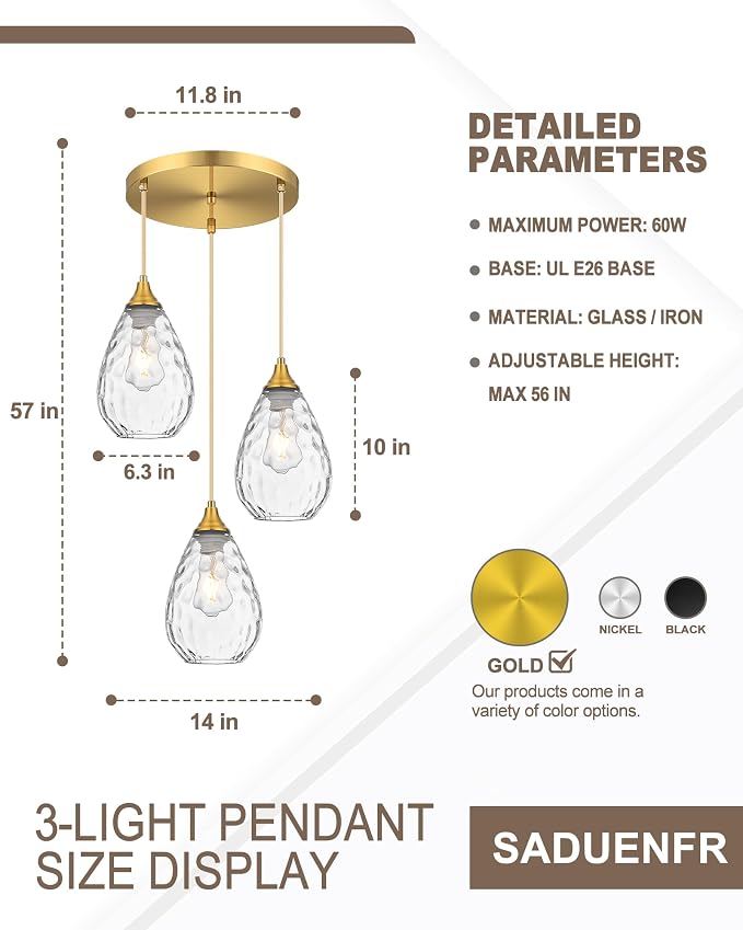 Brushed Gold 3-Light Pendant Lighting, Modern Dining Room Light Fixture Over Table with Hammered Glass, Cluster Hanging Lights for Kitchen Island Dining Room
