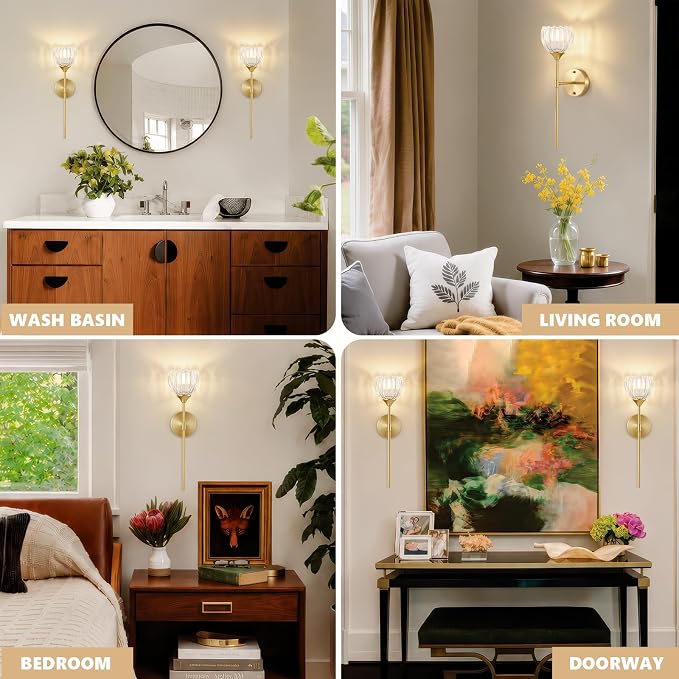 Vintage Battery Operated Wall Sconce Set of 2, Clear Tulip Glass Lampshade Wireless 5300 mAh Rechargeable Battery Powered LED Wall Light with Remote Dimmable for Bedroom Bathroom Living Room