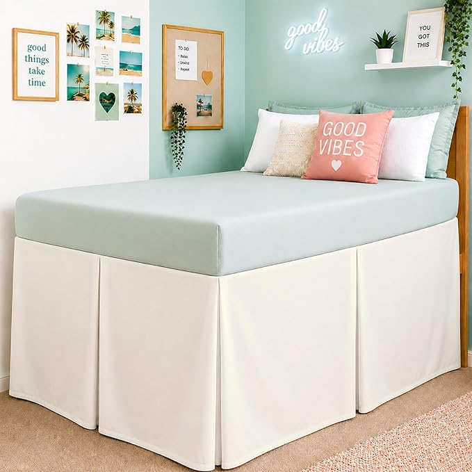 Cottington Lane Tailored Box Pleated College Dorm Bed Skirt Twin XL, Hotel Quality Premium Brushed Microfiber Extra Long Bedskirt Twin XL 42 Inch Drop, Ivory Dorm Bedding