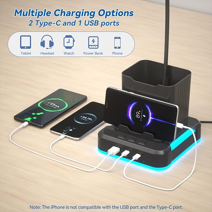 KDD 5 in 1 Desk Lamp with Charging Ports, 9 RGB Modes Gaming Table Light | Pen & Phone Holder, 360°Adjustable Gooseneck Desktop Lights, Dimmable Table Lamp for Home Office College Dorm Room