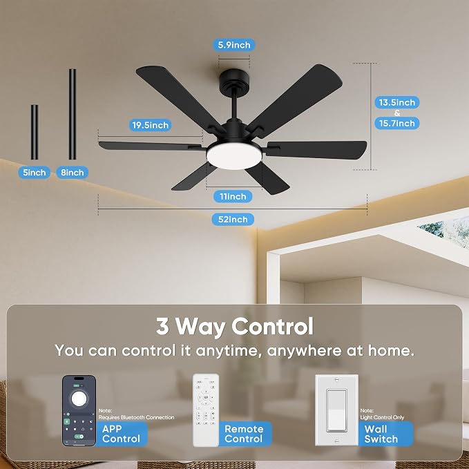 52'' Ceiling Fans with Lights and Remote Control for Living Room | 6 Blades, 6 Speeds, MAX 5600 CFM, Remote&APP Control, 3CCT Dimmable LED, All Metal Body, Memory Function, Reversible DC Motor
