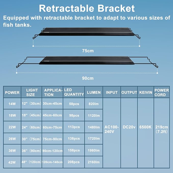 24/7 LED Aquarium Light, IP68 Waterproof Extendable Bracket Fish Tank Light with Timer, 7 Colors, 10 Level Adjustable Brightness, DIY Mode Full Spectrum Aquarium Plant Light for 30-36 Inch Fish Tank