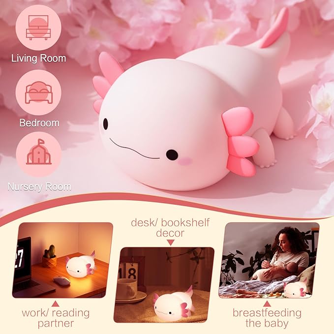 Axolotl Cute Night Light, Kids Squishy Rechargeable Axolotl Lamp, Mom Mothers Day Gifts, Girl Bedside Animal Nightlight, Dimmable Silicone LED Toy Pink Light, Baby Nursery Kawaii Décor