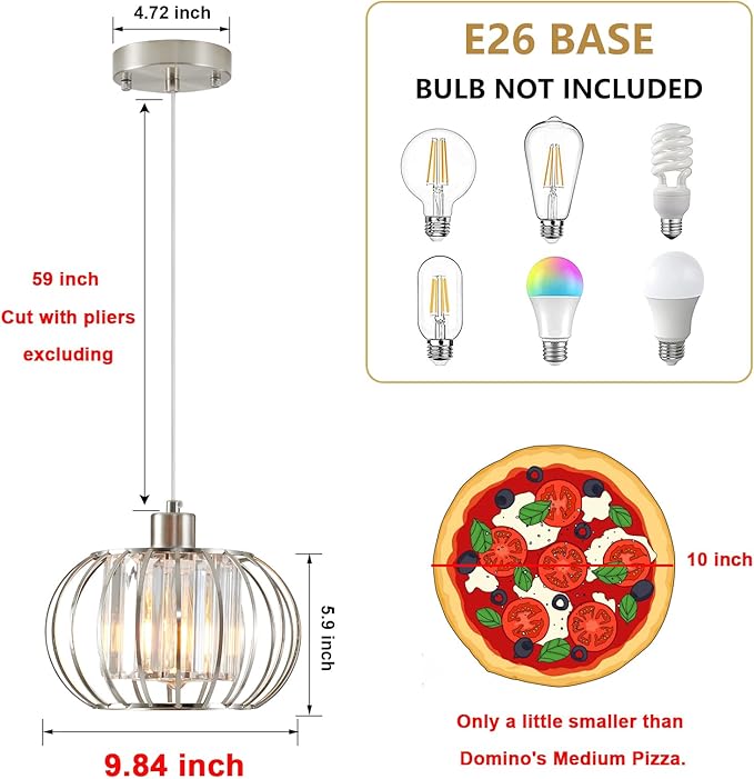 Brushed Nickel Pendant Light Fixtures, Modern Crystal Hanging Ceiling Light, Farmhouse Small Chandeliers, Metal Cage Pendant Lighting, Adjustable Pendant Lights Kitchen Island, Hallway
