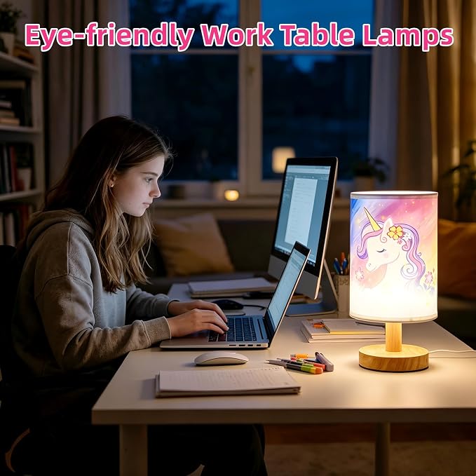 Unicorn Kids Bedside Table Lamp for Girls Bedroom 3 Color Dimmable Eye Caring LED Nightstand Lamp,Kids Night Light with LED Bulb,Cute Unicorn Room Decor Desk Lamp,Perfect Birthday Gifts for Girls