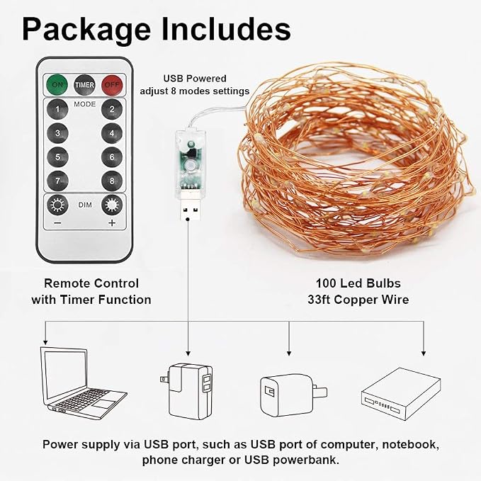 Twinkle Star 33ft 100LED Copper Wire String Lights, Warm White | 8 Modes, USB Powered, Remote Control, Fairy Lights, Wedding Party Home Christmas Decoration
