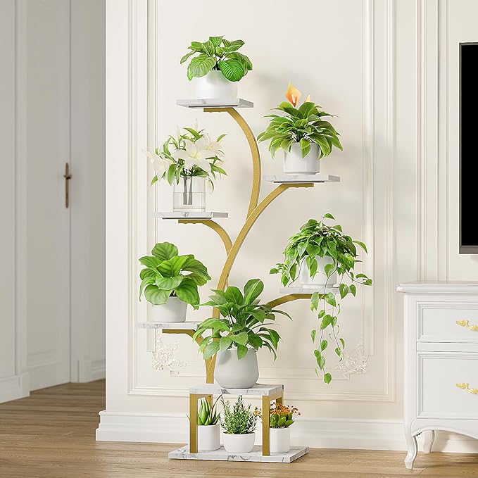 BACEKOLL Plant Stand Indoor with Grow Light, 7 Tier 49" Lighted Plant Shelf | Tree-Shaped Tall Holder with Full Spectrum Light for Indoor Growing, Sturdy Metal, for Home Corner, Space-Saving, Faux Marble