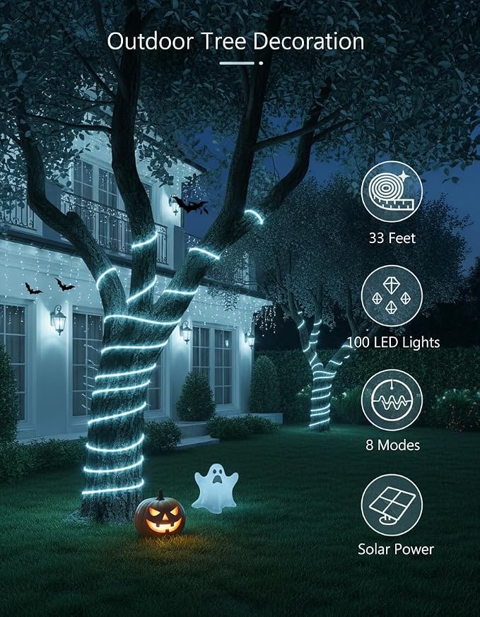 Solar Rope Lights, 33FT 100LED String Lights Outdoor, 8 Lighting Modes Solar Powered Rope Lights for New Year Easter Party Holiday Tree Decoration, White
