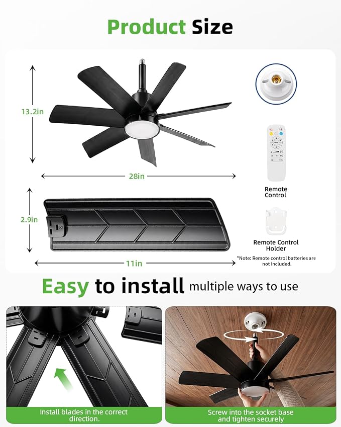 28 Inch Socket Fan Light with Remote Control, Screw in E26/E27 Ceiling Fan with LED Light, 3000-6000K Dimmable Color Temp, 6 Speeds, Timer, for Bedroom Kitchen Living Room Garage, Black