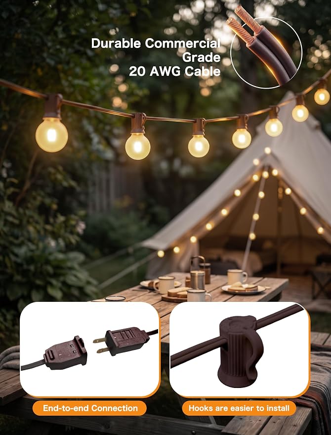 25FT Brown Outdoor String Lights, Shatterproof LED Globe String Lights with 25 G40 LED Frosted White Bulbs, Waterproof Connectable Hanging Light for Backyard Patio Porch Balcony Party Decor, E12 Base