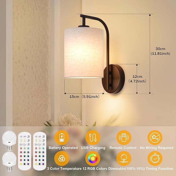 Battery Operated Wall Sconce Set of 2, Black Wall Light Fixture | Rechargeable Wall Mount Light, Dimmbale Bulb & Remote, 12 RGB Colors & Timer, Wireless Wall Lamp Linen Shade, Bedroom Hallway
