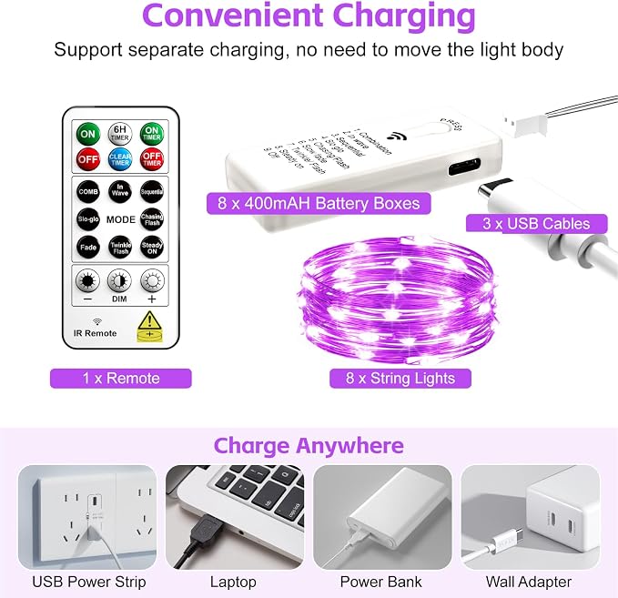 8 Pack Rechargeable LED Fairy Lights 7Ft 20LED Battery Operated | 8 Modes, Remote & DIY Timer Mini Twinkle String Lights for Indoor Christmas Wedding Mason Jar Bedroom Table