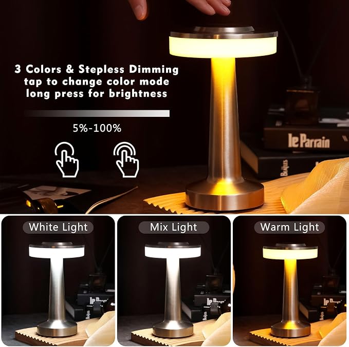 Riakrum 8 Pcs Sliver LED Portable Cordless Table Lamp Bulk with Touch Sensor 3 Color Stepless Dimming Rechargeable Battery up to 15 Hours Cordless Table Light Wireless Lamp Wedding Home