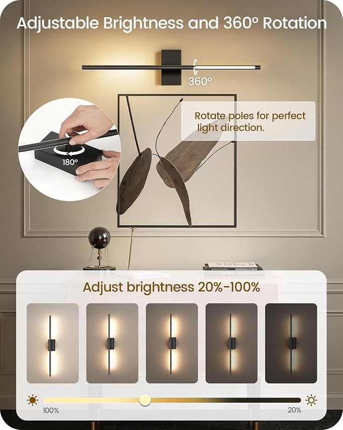 27.6" Wireless Wall Sconces Battery Operated Set of 2, Rechargeable Lamps with Remote, 360° Rotation, 10000mAh, Touch Dimmable Lights for Bedroom, Living Room, Hallway, Black B06YBP205