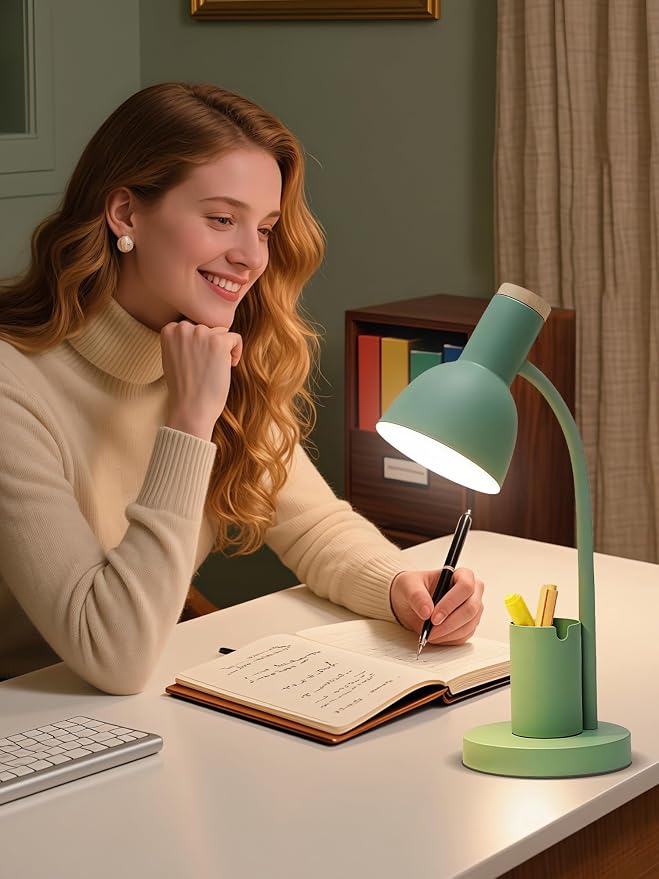 LED Desk Lamp for Home Office, Table Lamp with Pen Holder, 3 Color Modes Reading Light, Eye-Caring Desk Light with Gooseneck, Metal Study Lamp for Dorm Bedside Bedroom (Green Lamp)