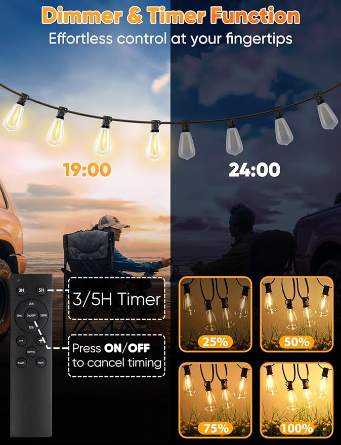50FT Outdoor String Lights with Remote, LED String Lights for Outside with 16 Shatterproof ST38 Vintage Edison Bulbs, 3 Modes 2 Timer Dimmable Outside Lighting for Patio, Gazebo, Deck, Yard