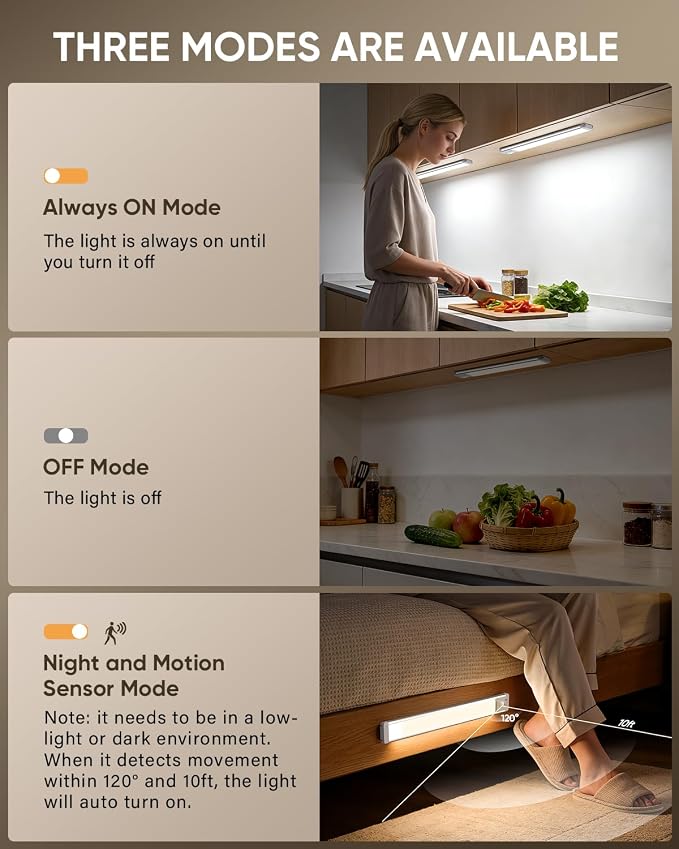 MCGOR 5 Pack 10inch Under Cabinet Lighting, Rechargeable Motion Sensor Light Indoor with 3 Color Temps, Dimmable Magnetic Led Closet Lights, Wireless Under Counter Lights for Kitchen, Stairs