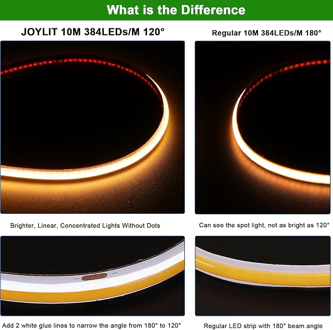 JOYLIT COB LED Strip 24V 32.8FT 2700K 7650LM Dimmable for Cabinets, Closet | CRI 90+, 120° Narrow Beam, 384 LEDs/m Warm White, Dot-less No Dark Spot, Cuttable , Easy Peel & Stick ( Strip Only )