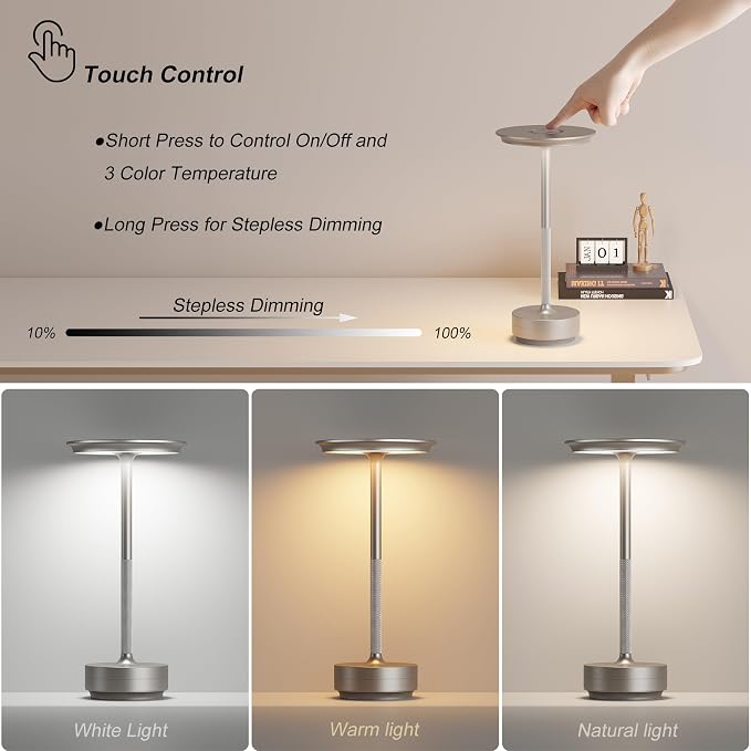 TBBGA 2 Pack Rechargeable Cordless Table Lamp, 5000mAh Battery Table Light | 3 Color Stepless Dimming Portable LED Table Light with Memory Function, for Outdoor/Dinner/Patio/Restaurant.(Silver)