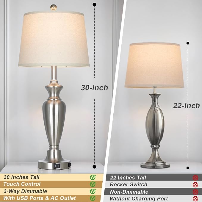 30" Tall Silver Table Lamps Set of 2 for Living Room, Touch Control Bedside Lamps for Nightstand, 3-Way Dimmable Bedroom Table Lamp with USB A+C Ports and AC Outlet (2 LED Bulbs Included)