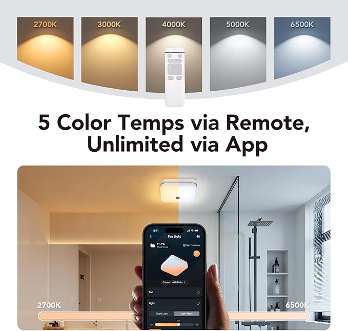 OREiN Matter Smart Bathroom Exhaust Fan with Light, 110 CFM Quiet Bathroom Fan, Tunable White 2700K–6500K & RGB Mood Lighting, Easy Installation, Remote Control, No Speaker, Works with Alexa & Google