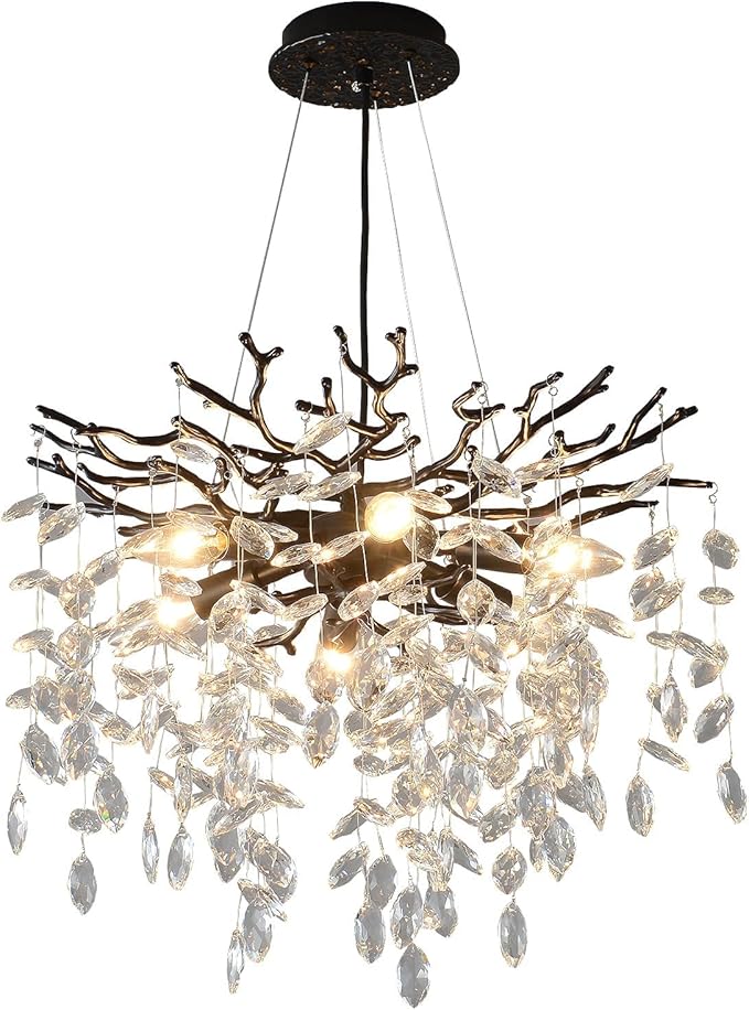 EGM Black Tree Branch Crystal Chandelier, 18 Inch Modern Dining Room Crystal Chandelier 6-Light(E12), Hanging Round Chandeliers for Living Room Bedroom Foyer