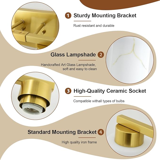 4-Light Bathroom Light Fixtures, Modern Vanity Lights, Gold Metal Wall Lamp with White Marble Glass for Bathroom, Mirror, Living Room, Bedroom, Cabinet, Porch, Hallway, E26 Base