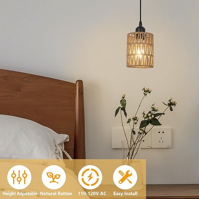 1-Light Rattan Pendant Lights, Boho Farmhouse Pendant Lighting with 4.7×5.9in Hand Woven Shade, Small Wicker Light Fixture Ceiling Hanging for Dining Room Kitchen, Height Adjustable up to 61in