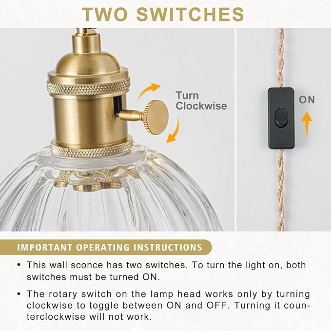 Plug in Wall Sconces Set of 2, Vintage Wall Sconce Light with Tulip Transparent Glass Lampshade, Bedroom Wall Sconce with Switch and Plug in wall lamp Cord, Gold Wall Light Wall Decor Set of 2