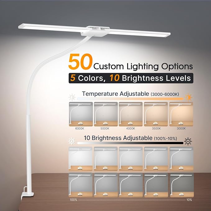 Syrinx LED Desk Lamp, Dual Head Desk Light with Clamp, Eye-Care Table Lamp | Flexible Gooseneck Task Light with Motion Sensor, Wired Control, 50 Lighting Modes, Timer & Memory Function for Home Office