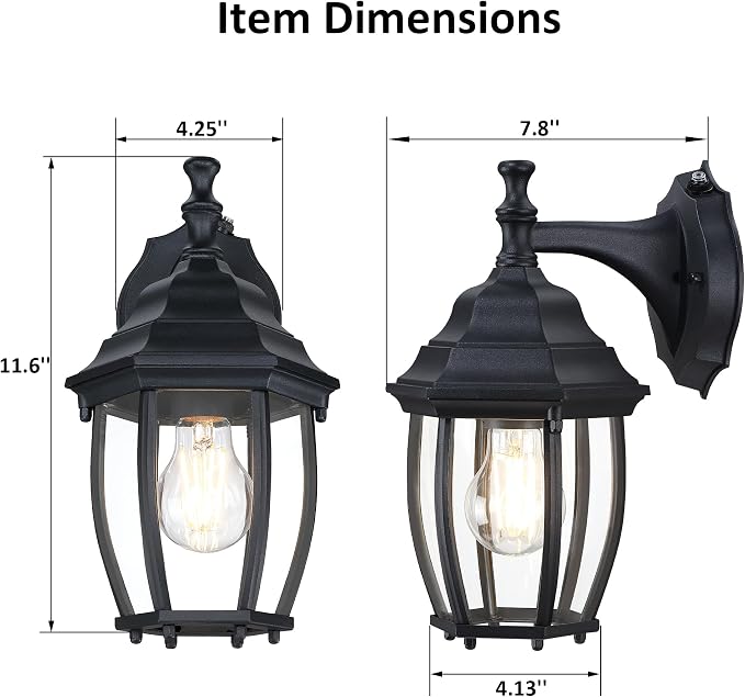 Outdoor Wall Light Fixture, Rustproof Aluminum, Glass | Dusk to Dawn Large Exterior Porch Light Wall Sconce Lantern for House, Patio, Garage, Waterproof, E26 Socket 60W Max, Black