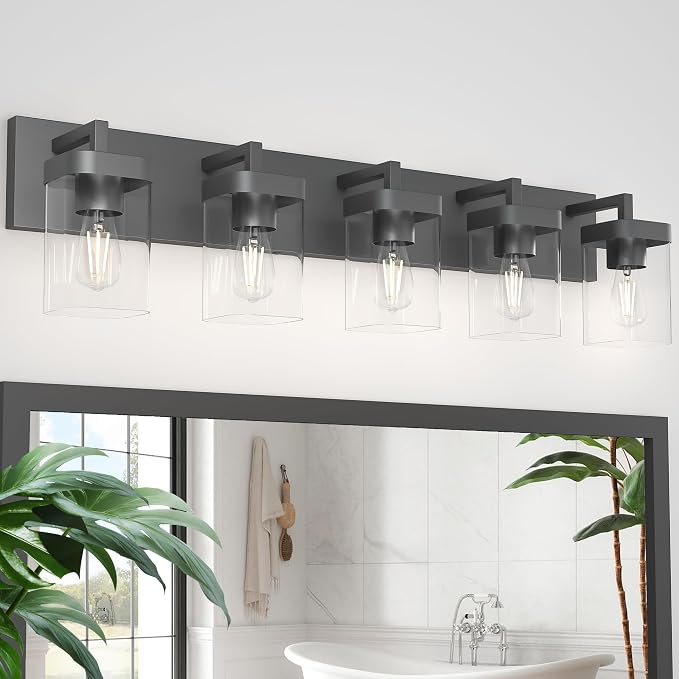 Bathroom Vanity Light, Square Design 5 Lights Morden Bathroom Lighting Fixtures Over Mirror, Black Vanity Light for Living Room/Bedroom