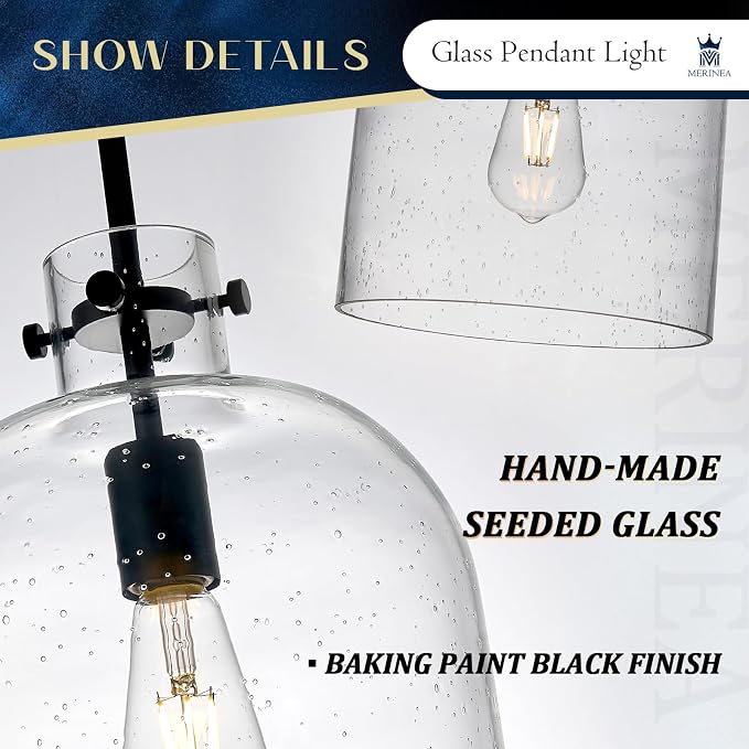 Farmhouse Black Pendant Light – 10" Seeded Glass Dome Hanging Lighting, Hand-Blown Bubble Glass Shade, 1-Light E26 Pendant Lights for Kitchen Island, Dining Room, Hallway