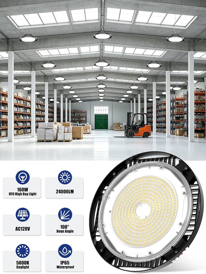 160W UFO LED High Bay Light, 24,000LM LED Shop Lights for Garage Warehouse Workshop, 5000K Daylight IP65 Waterproof Commercial Ceiling Fixture, 700W HPS/MH Equiv, ETL Listed, 6ft Cord, 2-Pack