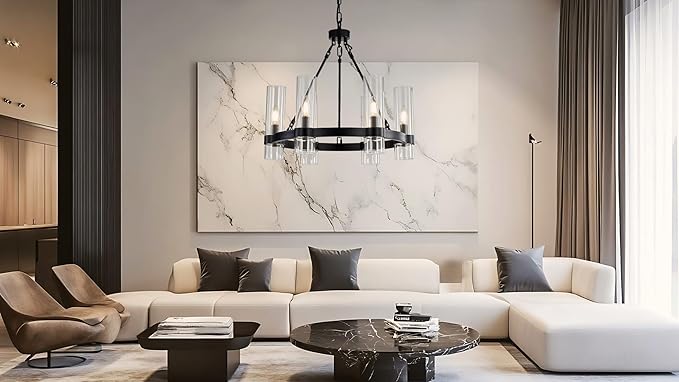 22 Inch Black Wagon Wheel Chandelier with Glass Shade, 6 Lights, Modern Farmhouse Style, Ideal for Dining Room, Kitchen, Entryways