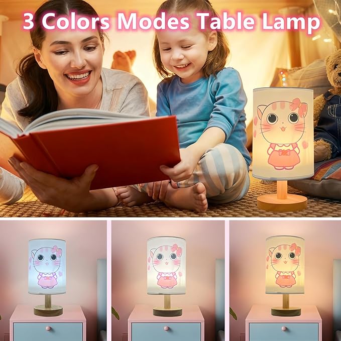 Cat Lamp,Cute Kitty Bedside Table Lamps for Girls Room 3 Color Dimmable Kids Nightstand Night Light with Pink Cartoon Shade Cats Desk Lamp for Girls Boys Cat Lovers Room Nursery Decorative Lights