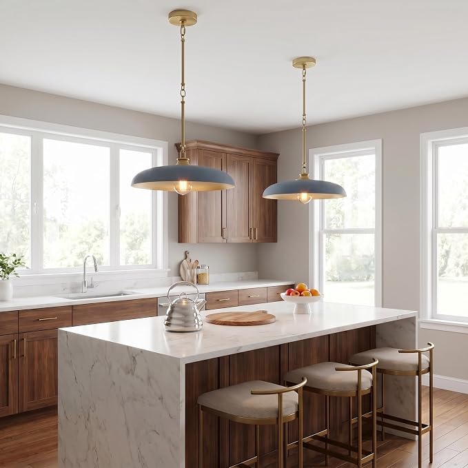 Hinkley Sadie 18" Medium Dome Pendant, Vintage Denim with Lacquered Brass | Two Tone Saucer Chandelier, Includes (5) 7" Downrods, Needs a Med. LED Bulb, Adjustable Height, Dining Room, Kitchen