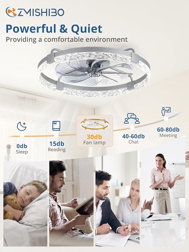 ZMISHIBO 24 Inch Ceiling Fans with Lights, Flush Mount Remote & App Control | 3CCT Dimmable LED, DC Motor, Bladeless, Reversible Blade, 6 Speeds, Modern, Low Profile, Enclosed, Bedroom, Kids, Girl, Adult