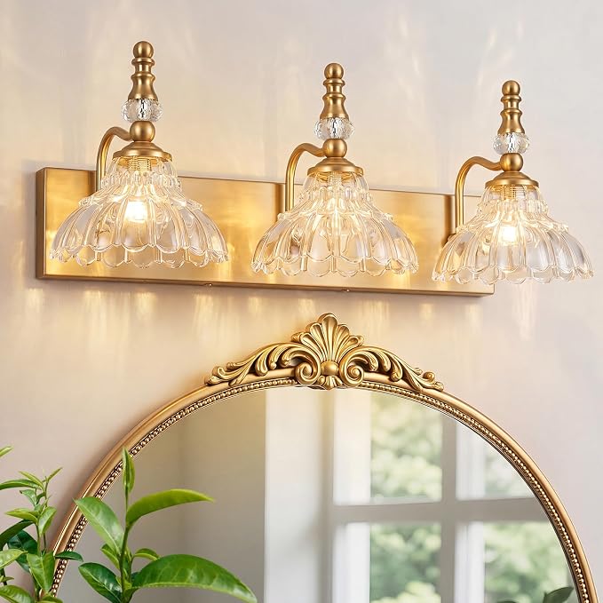 Vintage Bathroom Vanity Light, 3-Light Brass Vanity Lighting Fixture with Flower Glass Shade, Bathroom Lighting Fixtures Over Mirror