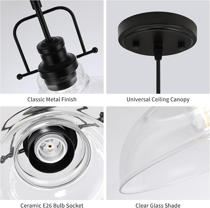 WILON Clear Glass Modern Pendant Light for Kitchen, Black | 11'' Clear Glass Shade, Adjustable Height, E26 Ceramic Socket, 60W MAX, Farmhouse Style for Dining Room Kitchen Over Sink