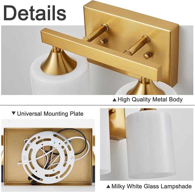 ZHU YAN 2 Light Vanity Lights for Bathroom,Gold Bathroom Vanity Light,Milky White Glass Shades,Modern Bathroom Wall Lamp for Mirror Living Room Bedroom E26 Socket